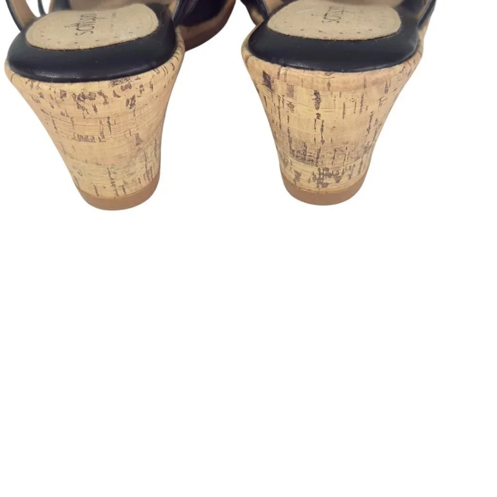 Softspots Wedge Sandals Women 8.5 Black Leather Espadrille Cork Beaded Excellent